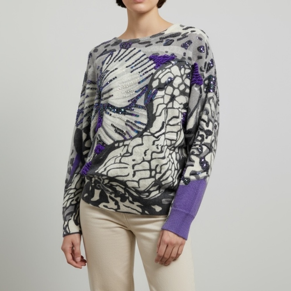 Vintage Magnolia Abstract Purple and Gray Sweater